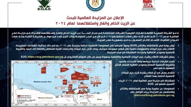 مصر تطرح مزايدة عالمية للتنقيب عن النفط والغاز في البحر المتوسط والدلتا