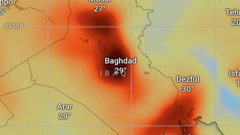 خارطة توضح كمية الكبريت في سماء بغداد وبعض مدن الفرات الأوسط