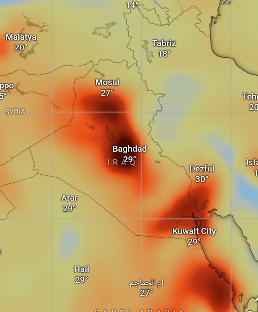 خارطة توضح كمية الكبريت في سماء بغداد وبعض مدن الفرات الأوسط
